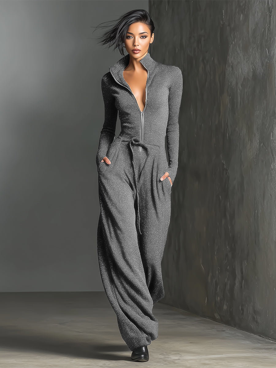 Womens Knit Zipper Front Jumpsuit with Wide Legs