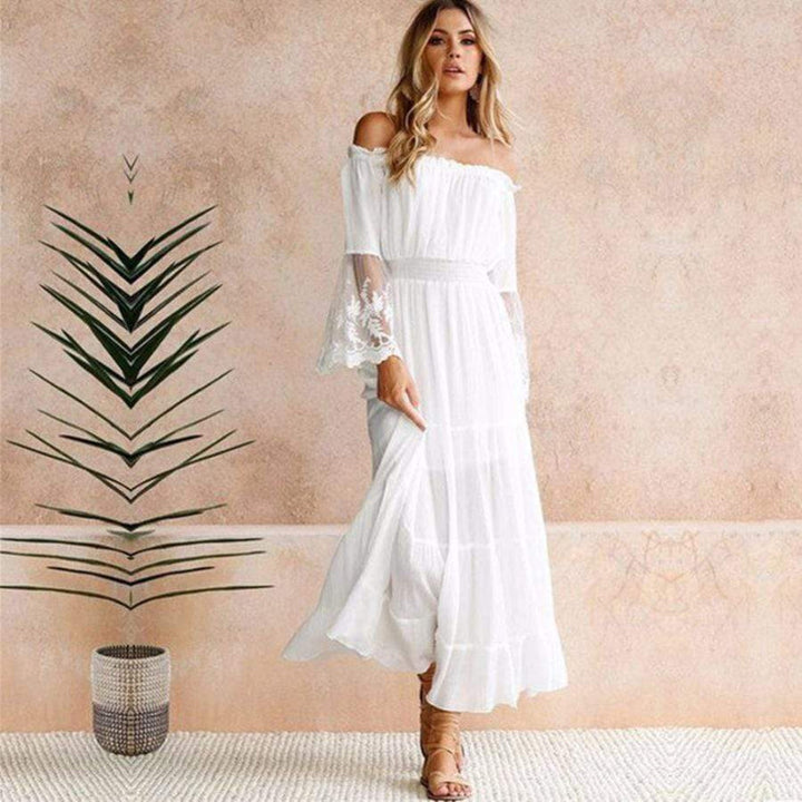 Women’s Lace Beach Maxi Dress with Off-Shoulder Neckline and Flared Skirt