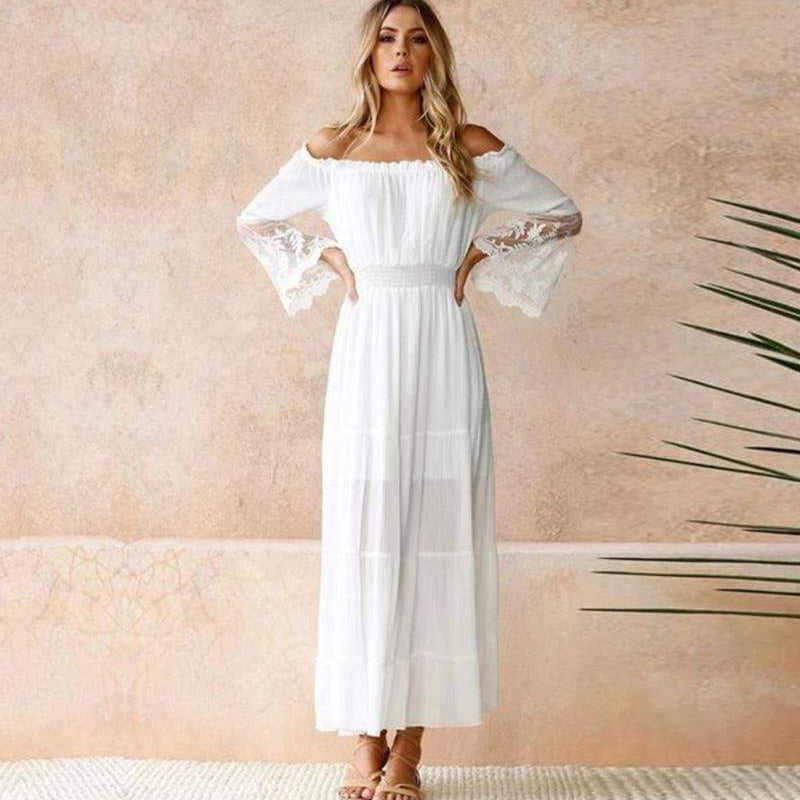 Women’s Lace Beach Maxi Dress with Off-Shoulder Neckline and Flared Skirt