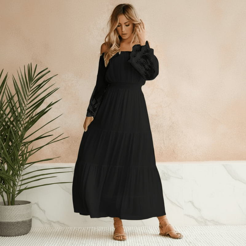 Women’s Lace Beach Maxi Dress with Off-Shoulder Neckline and Flared Skirt
