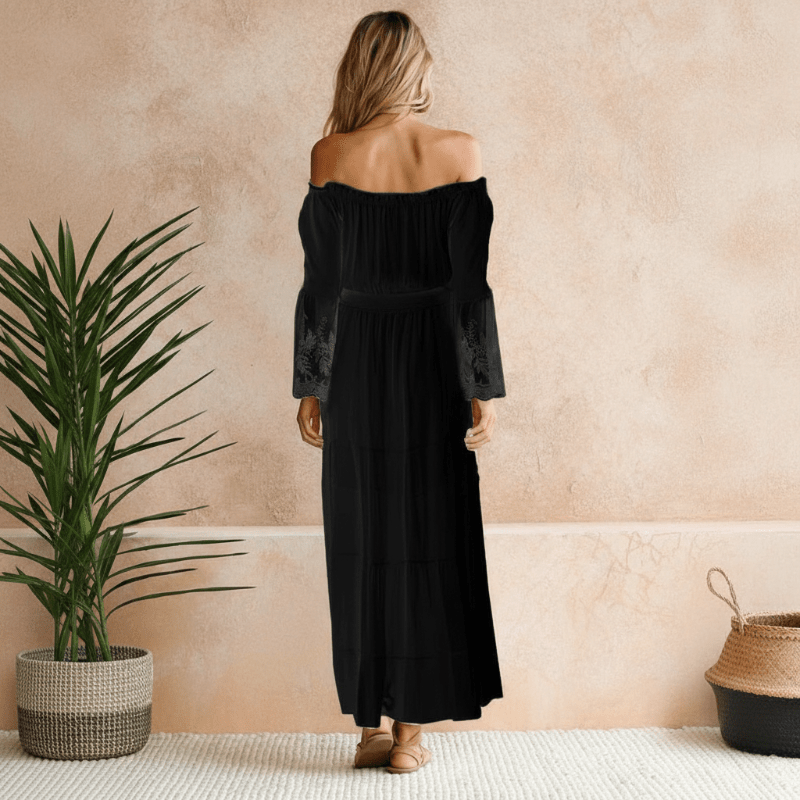 Women’s Lace Beach Maxi Dress with Off-Shoulder Neckline and Flared Skirt