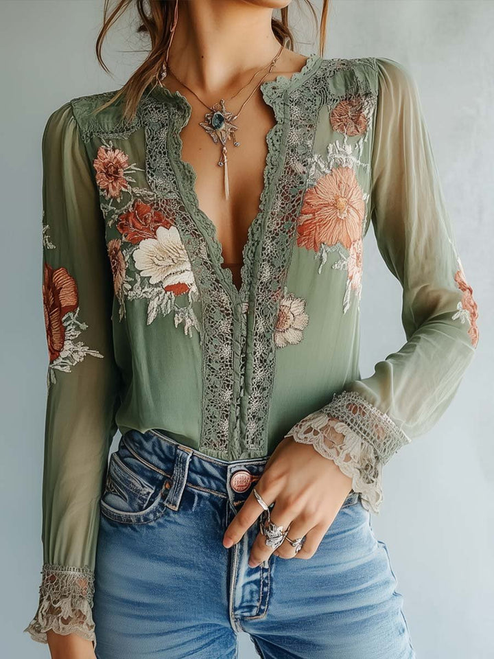 Women's Lace Blouse with Floral Print and Sheer Sleeves