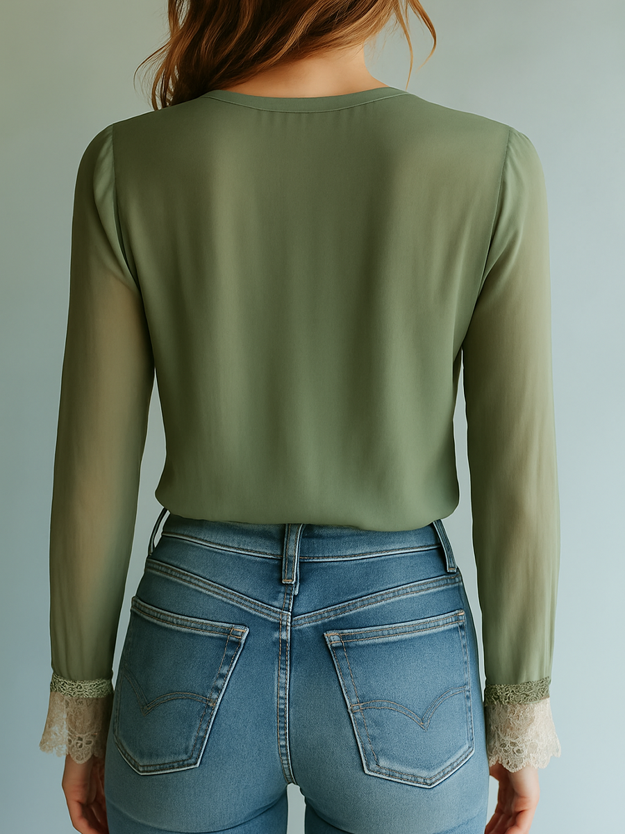 Women's Lace Blouse with Floral Print and Sheer Sleeves