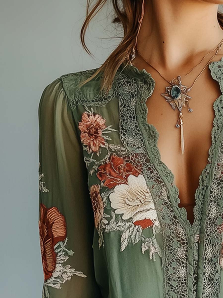 Women's Lace Blouse with Floral Print and Sheer Sleeves