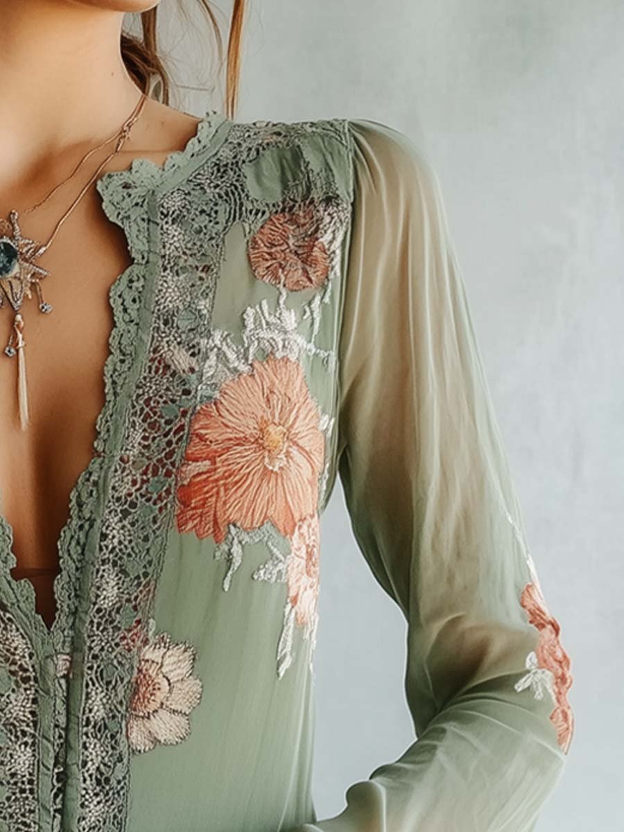 Women's Lace Blouse with Floral Print and Sheer Sleeves