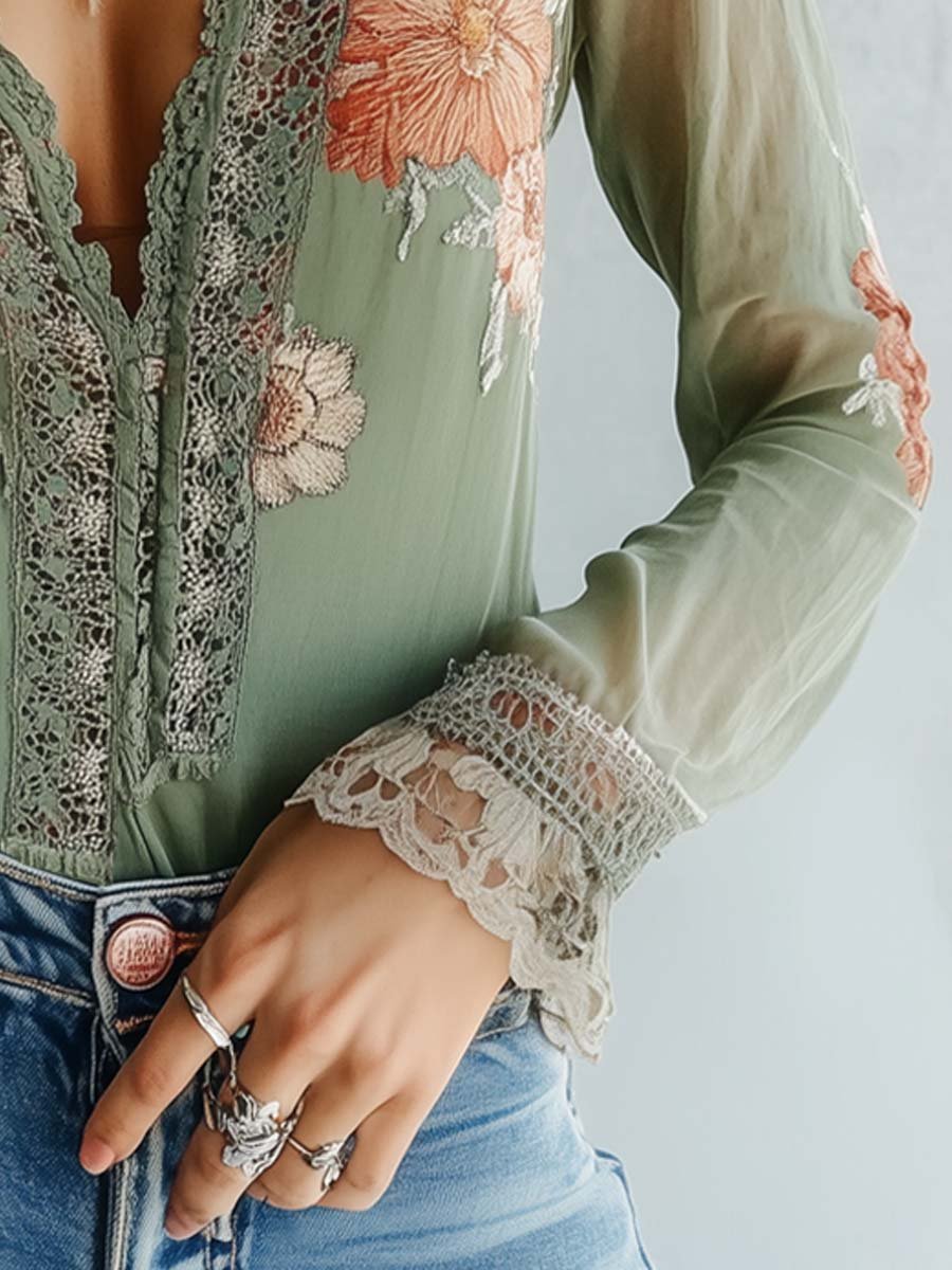 Women's Lace Blouse with Floral Print and Sheer Sleeves