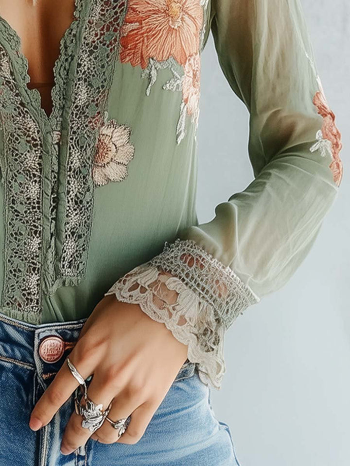 Women's Lace Blouse with Floral Print and Sheer Sleeves