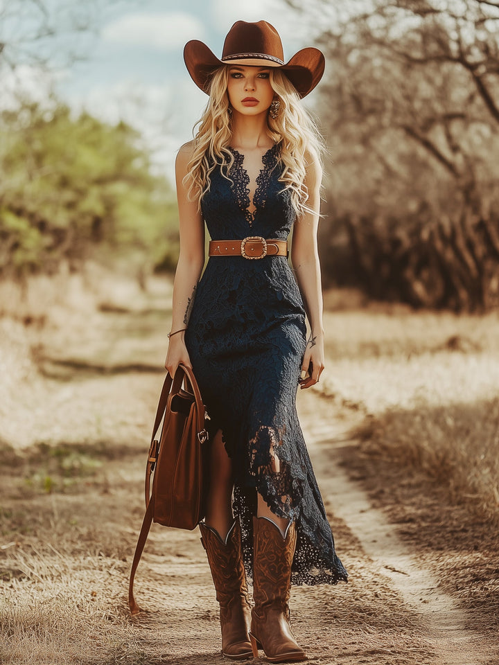 Women’s Lace Midi Dress with Sleeveless Design