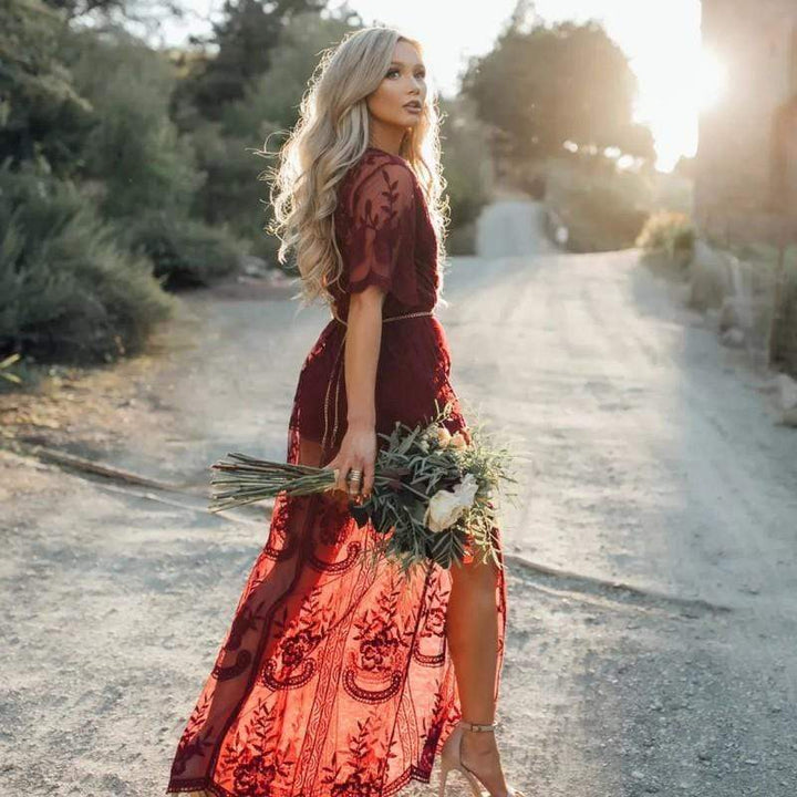 Women’s Lace Tulle Maxi Dress with V-Neckline and Floral Embroidery