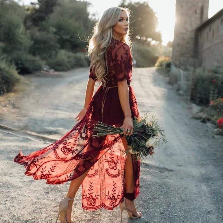 Women’s Lace Tulle Maxi Dress with V-Neckline and Floral Embroidery