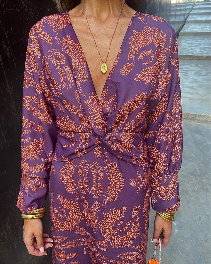 Women’s Long Sleeve V-Neck Boho Summer Dress with Maxi Length