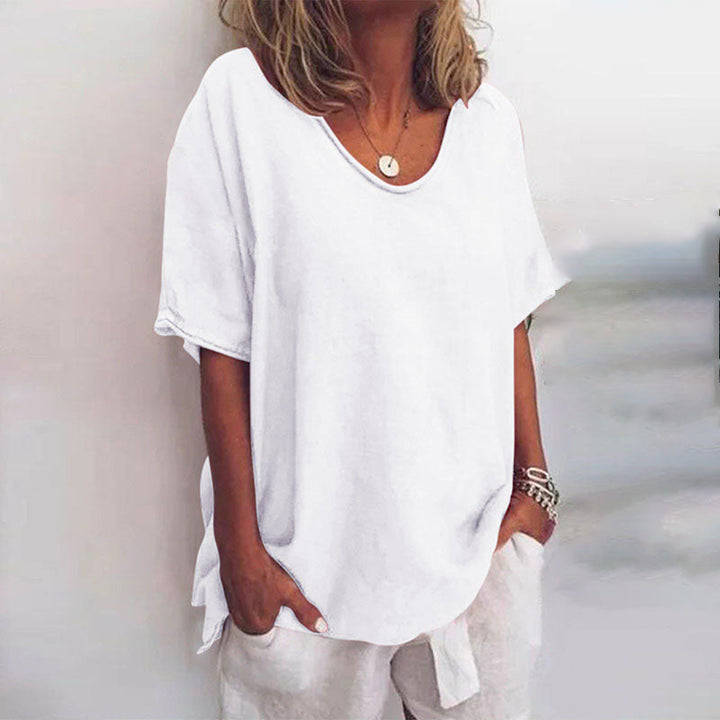Women’s Loose Blouse with V-Neck and Short Sleeves