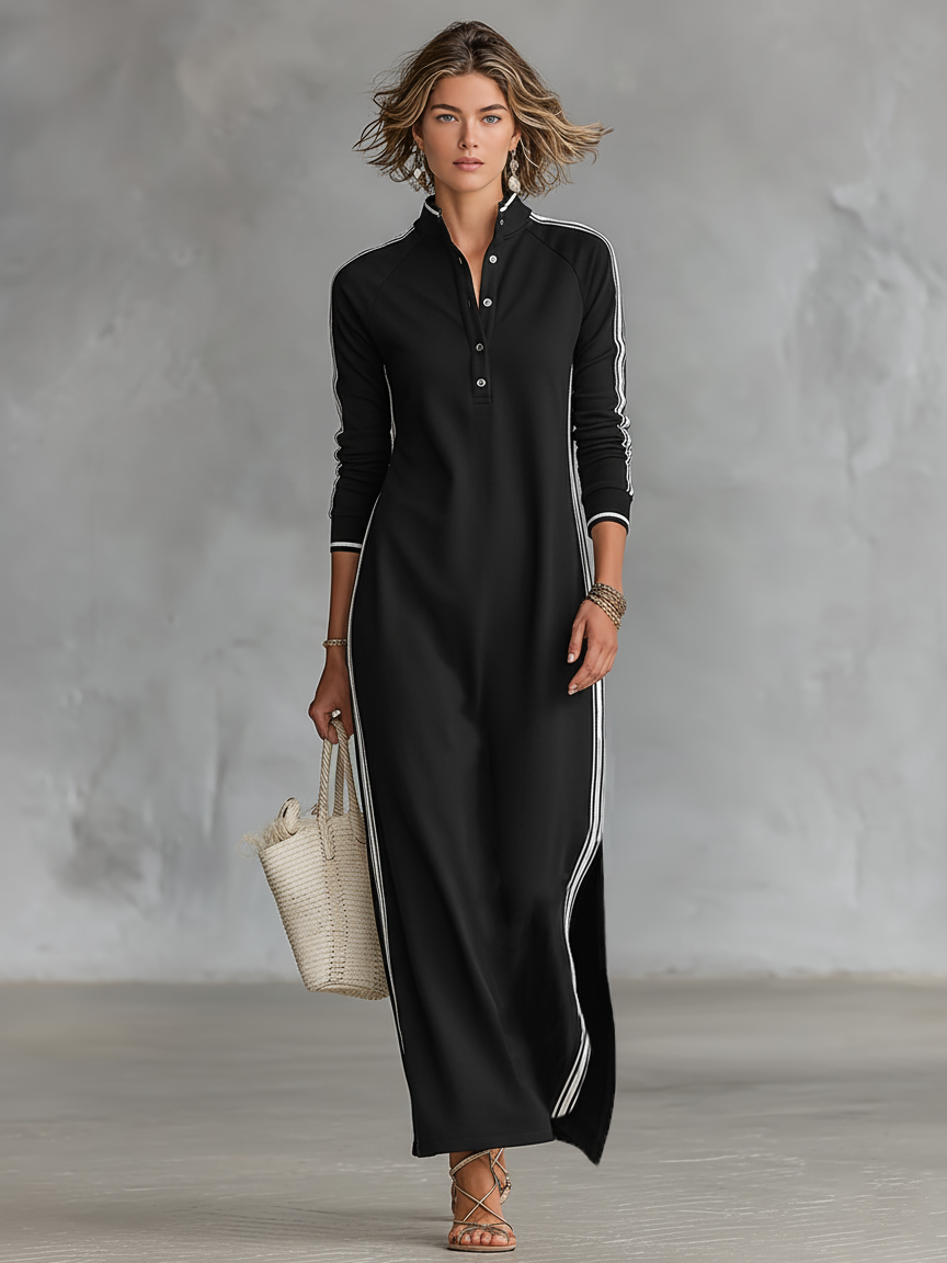 Womens Maxi Dress with Button‑Down Collar and White Trim