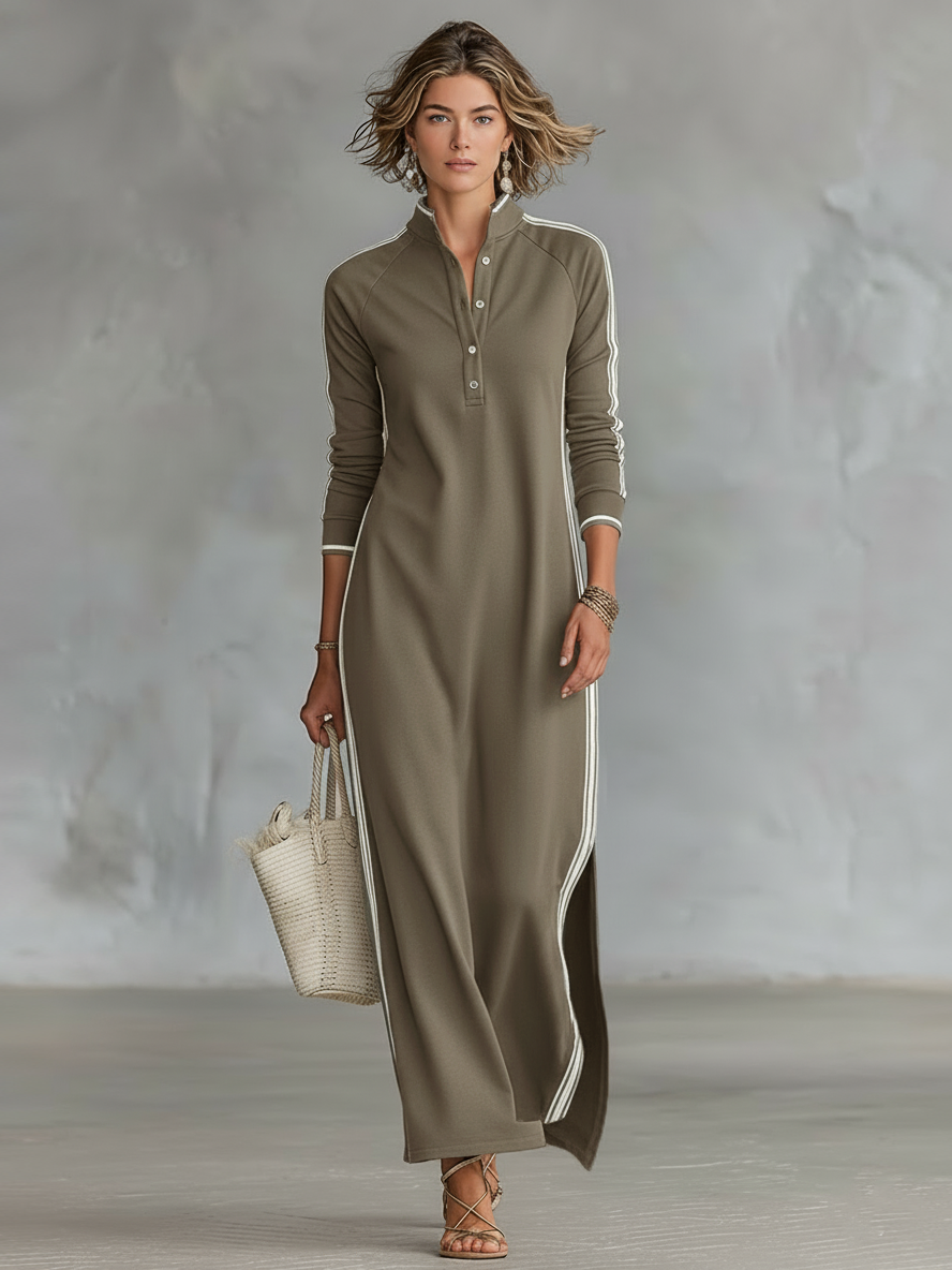 Womens Maxi Dress with Button‑Down Collar and White Trim