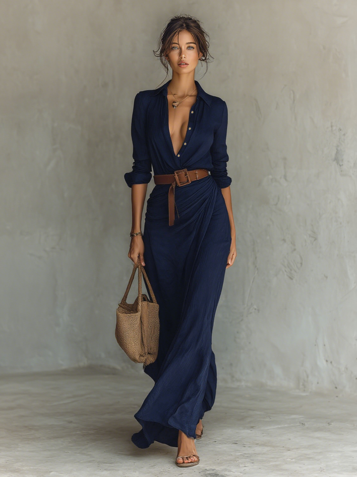 Womens Maxi Dress with Lapel Collar and Belted Waist