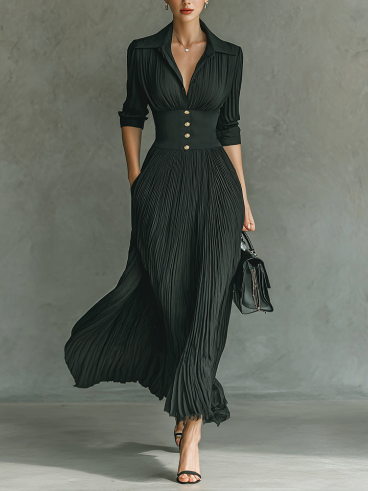 Womens Maxi Dress with Lapel Collar and Pleated Waist