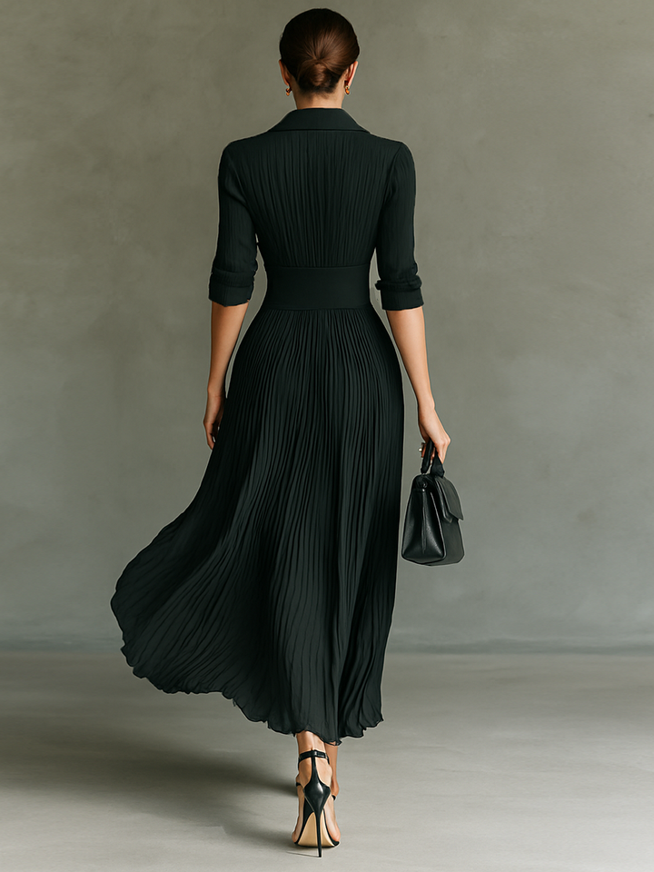Womens Maxi Dress with Lapel Collar and Pleated Waist