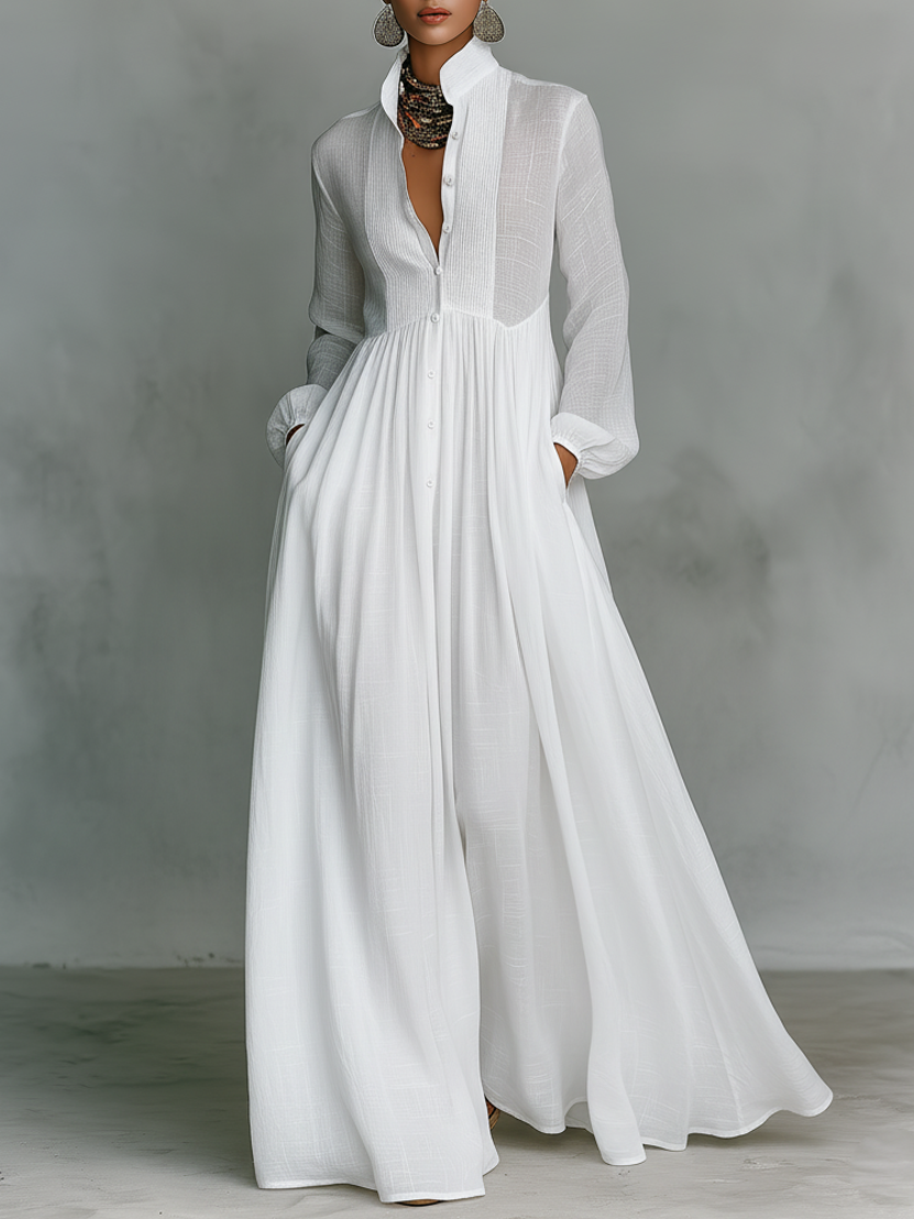 Womens Maxi Dress with Stand‑up Collar and Patchwork Details