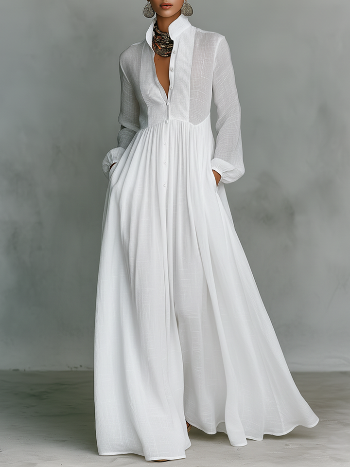 Womens Maxi Dress with Stand‑up Collar and Patchwork Details