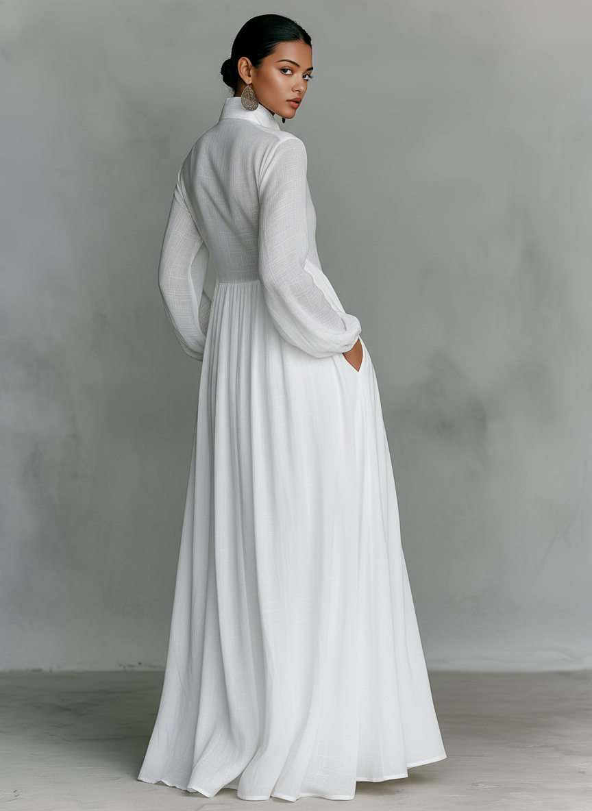 Womens Maxi Dress with Stand‑up Collar and Patchwork Details