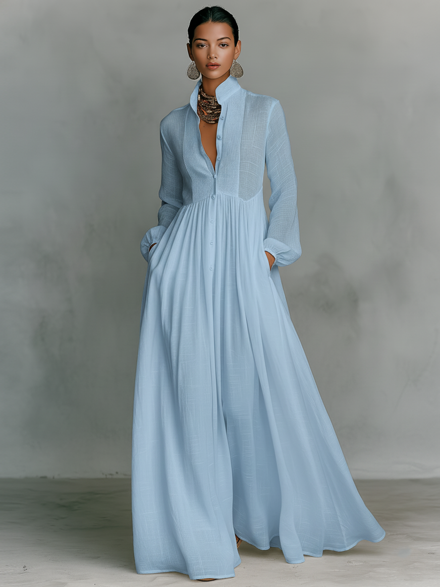 Womens Maxi Dress with Stand‑up Collar and Patchwork Details