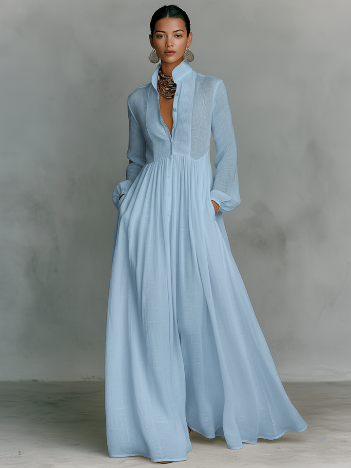 Womens Maxi Dress with Stand‑up Collar and Patchwork Details