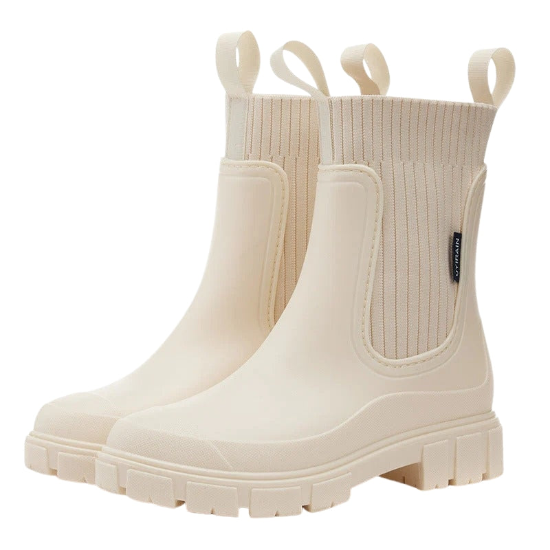 Womens Mid Calf Pull-On Boots with Chunky Sole and Elastic Side Panels