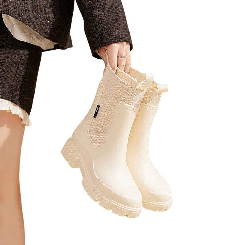 Womens Mid Calf Pull-On Boots with Chunky Sole and Elastic Side Panels