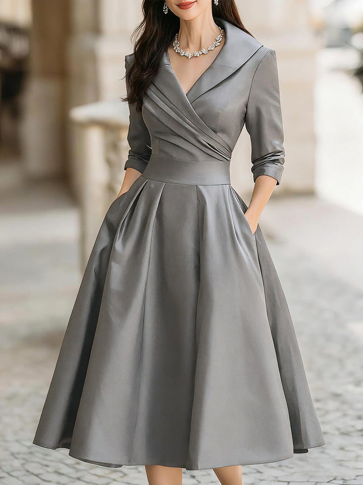 Womens Midi Dress with Draped Collar and Side Pockets