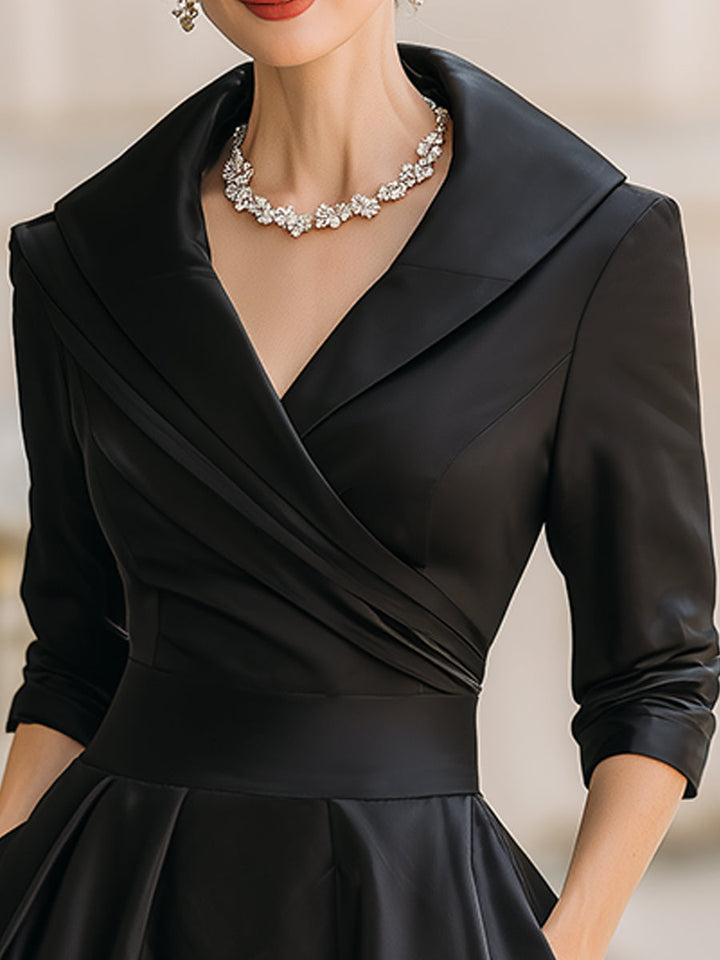 Womens Midi Dress with Draped Collar and Side Pockets