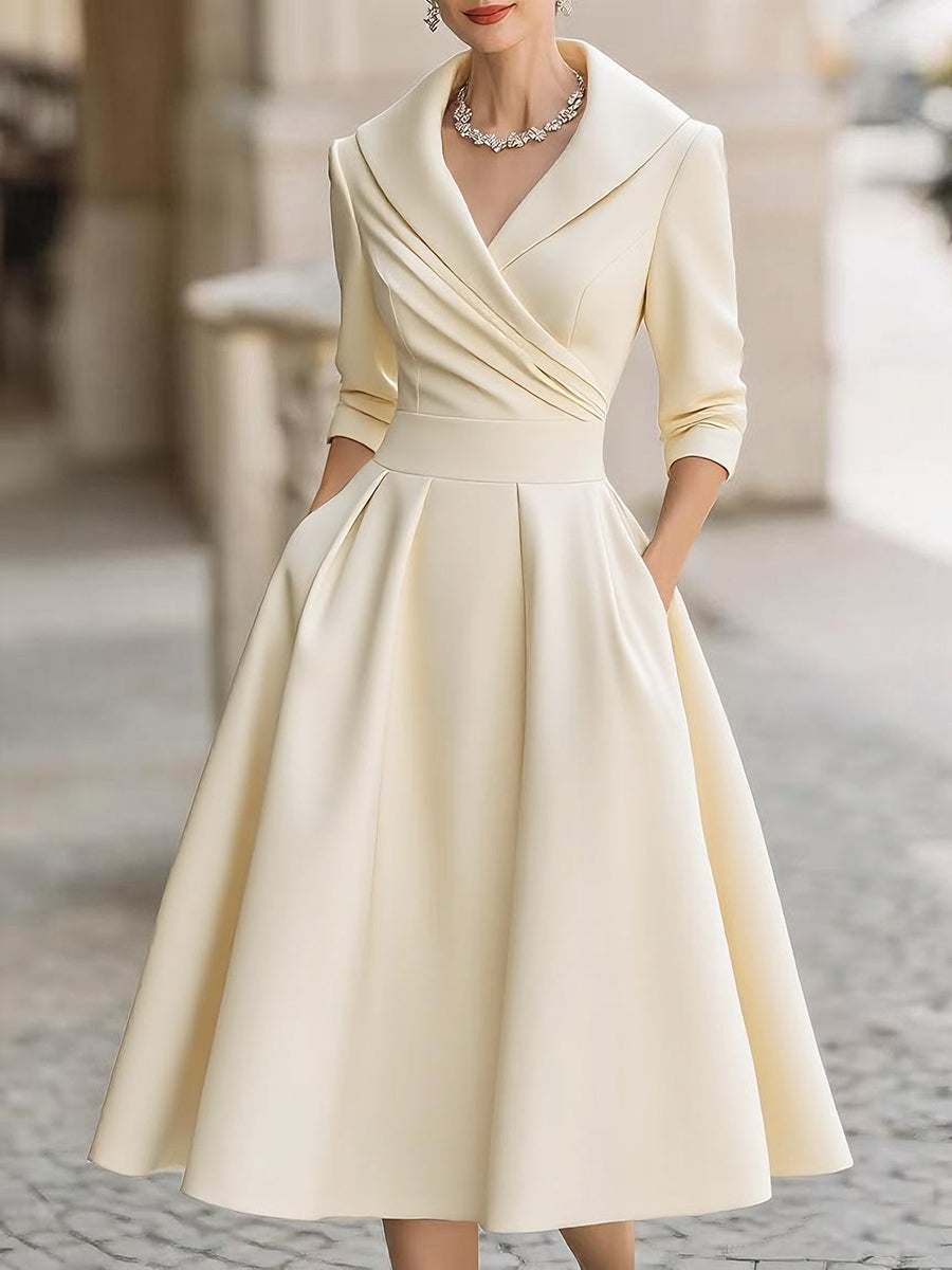 Womens Midi Dress with Draped Collar and Side Pockets