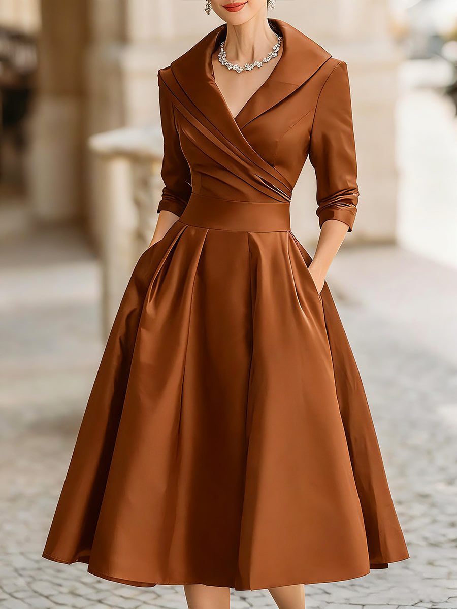 Womens Midi Dress with Draped Collar and Side Pockets