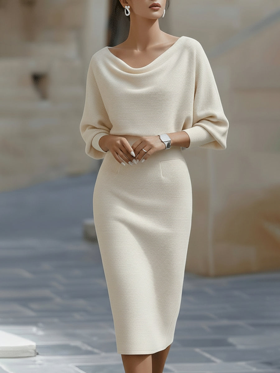 Women’s Midi Dress with Draped Cowl Neckline and Batwing Sleeves