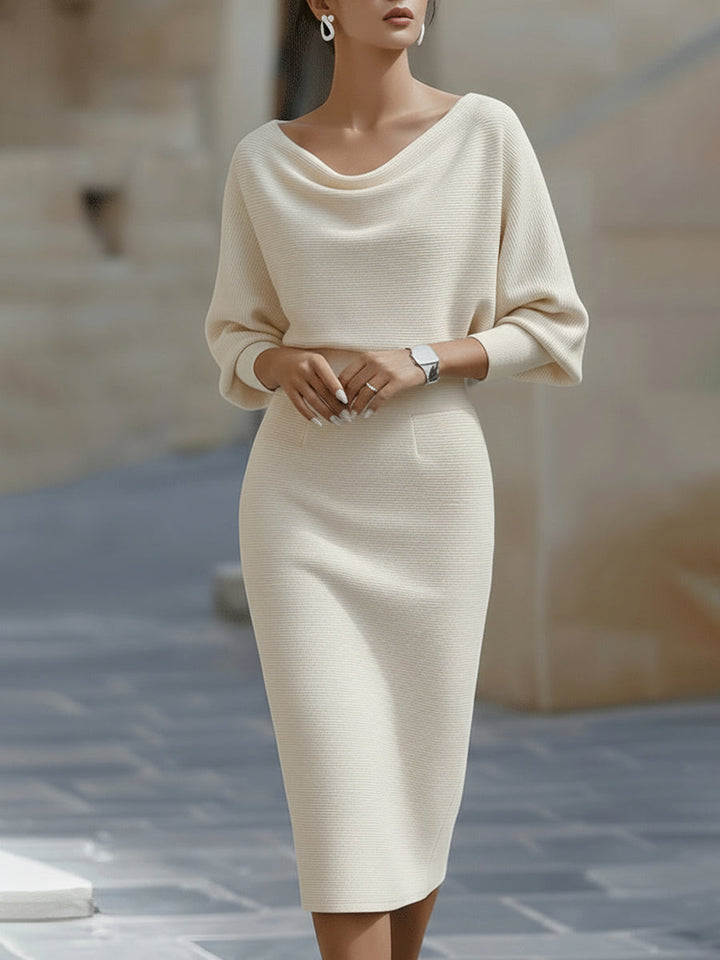 Women’s Midi Dress with Draped Cowl Neckline and Batwing Sleeves