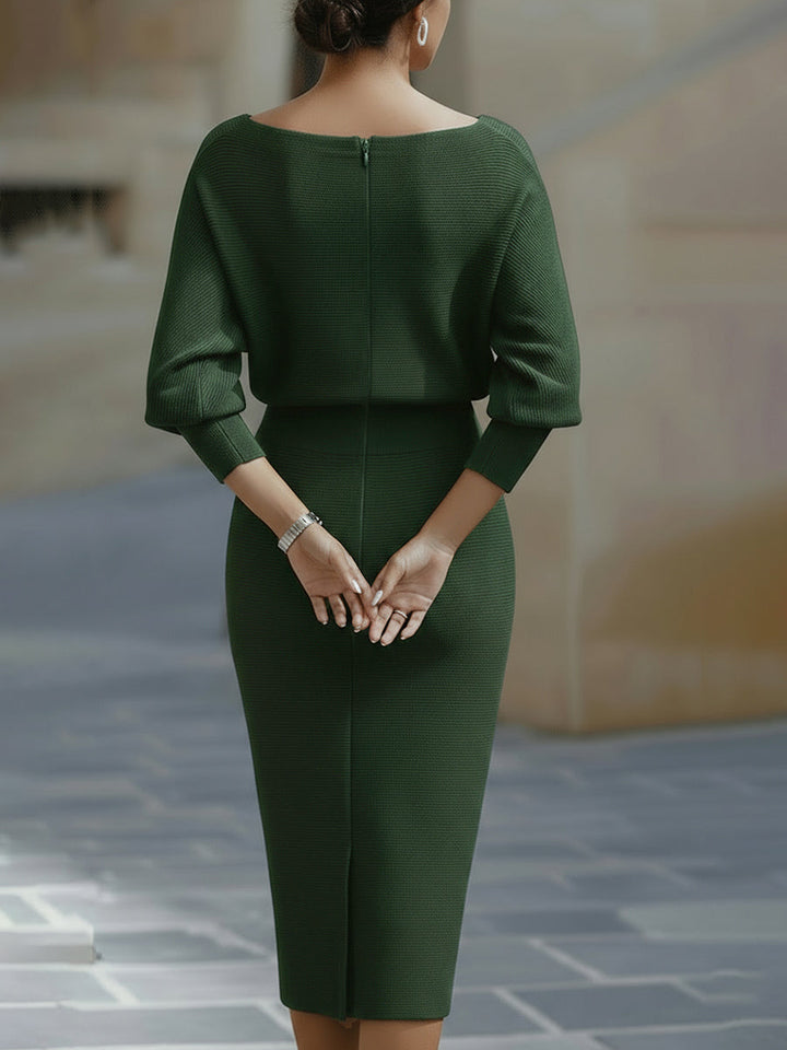 Women’s Midi Dress with Draped Cowl Neckline and Batwing Sleeves