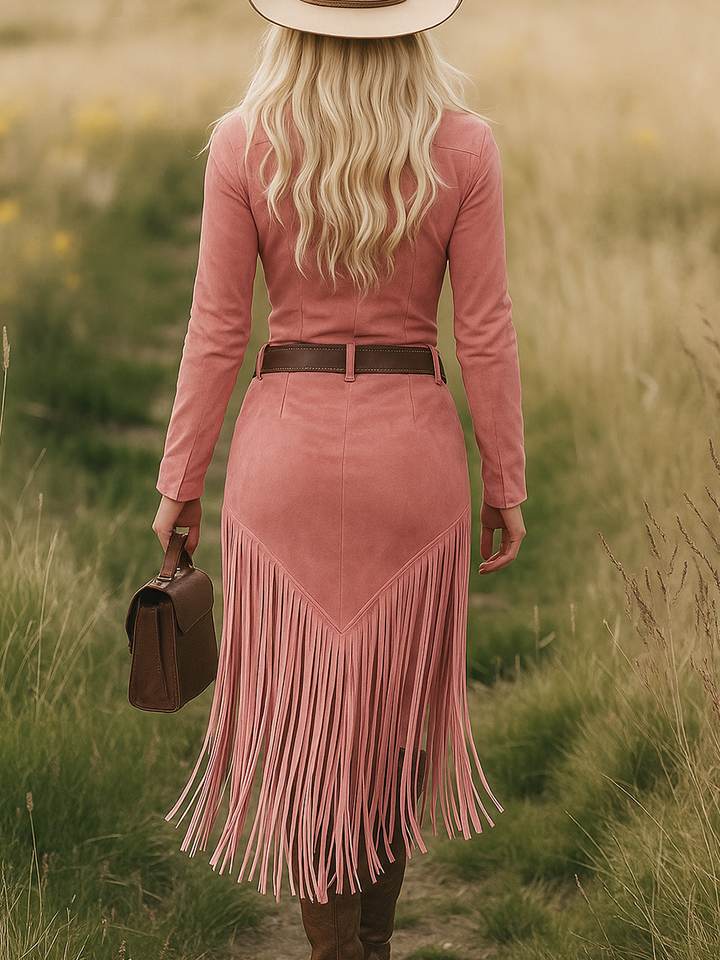 Women’s Midi Dress with Lapel Collar and Zipper Closure