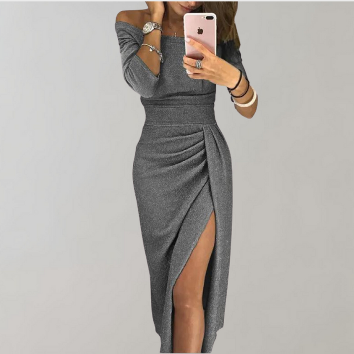 Women’s Midi Dress with Off-the-Shoulder Design and Side Slit