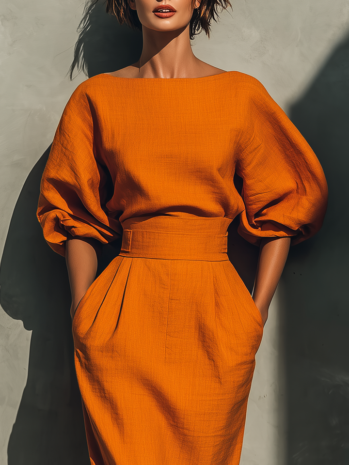 Womens Midi Skirt Set with Mid-Sleeve Top and Statement Sleeves
