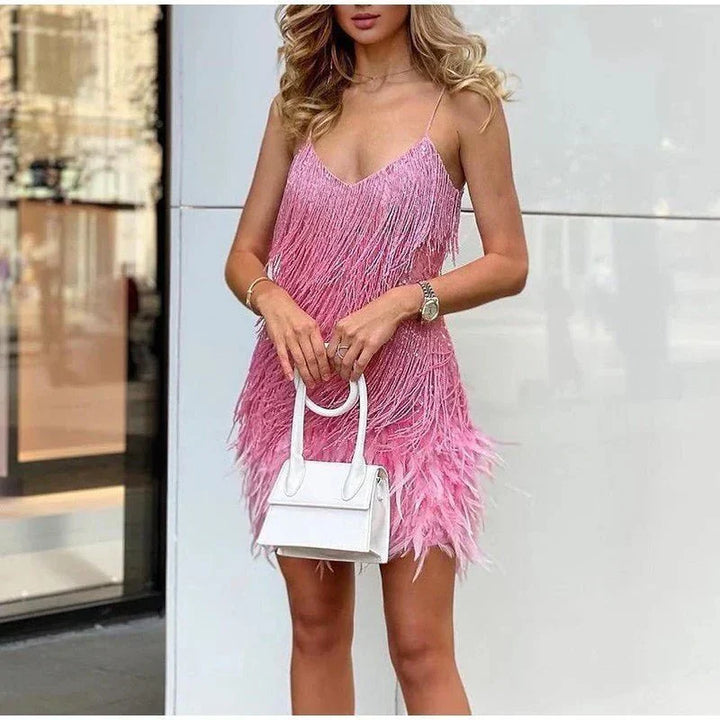 Womens Mini Dress with Sequin Detail and Feather Hem