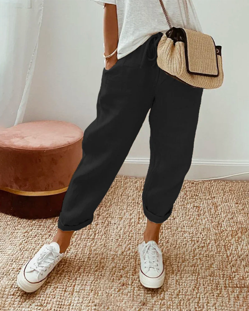 Women's Pants with Elastic Waistband and Side Pockets
