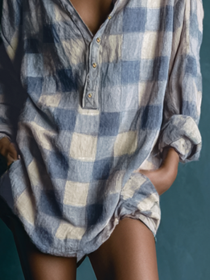 Womens Plaid Henley Collar Long-Sleeve Mini Dress