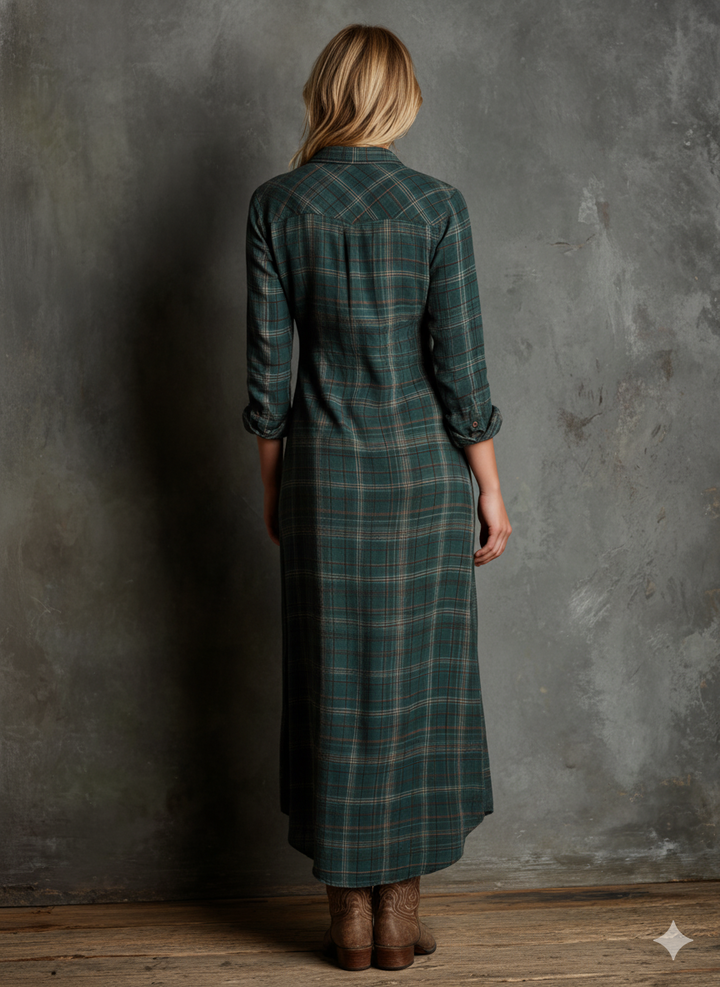 Womens Plaid Maxi Dress with Lapel Collar and Button Closure