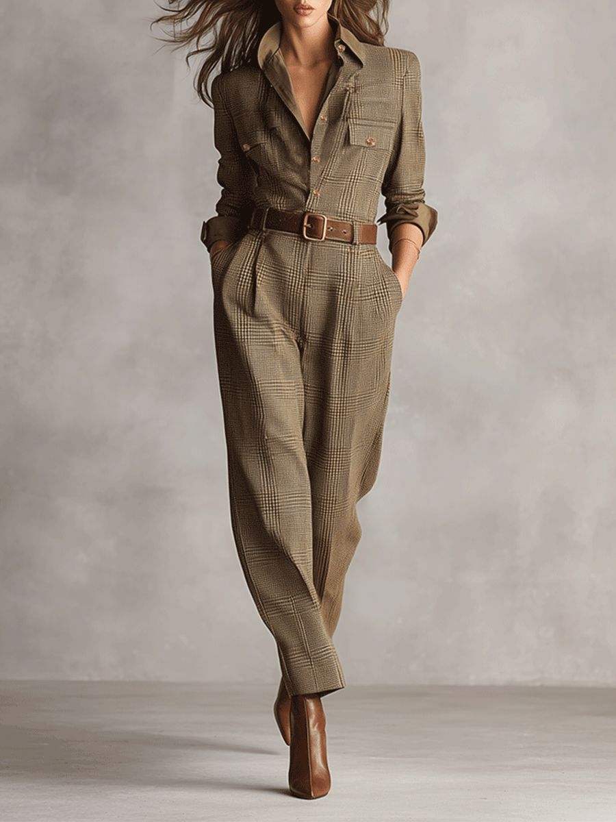 Women’s Plaid Utility Jumpsuit with Tweed Texture and Collared V-Neck