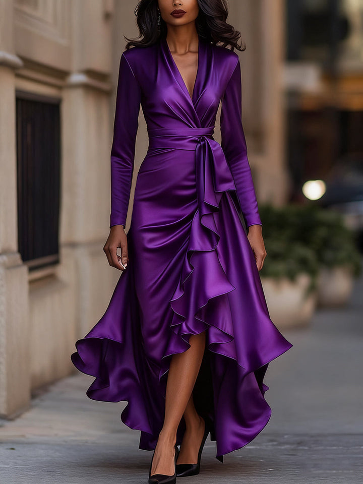 Women’s Satin Maxi Dress with V-Neckline and Ruffled Hem