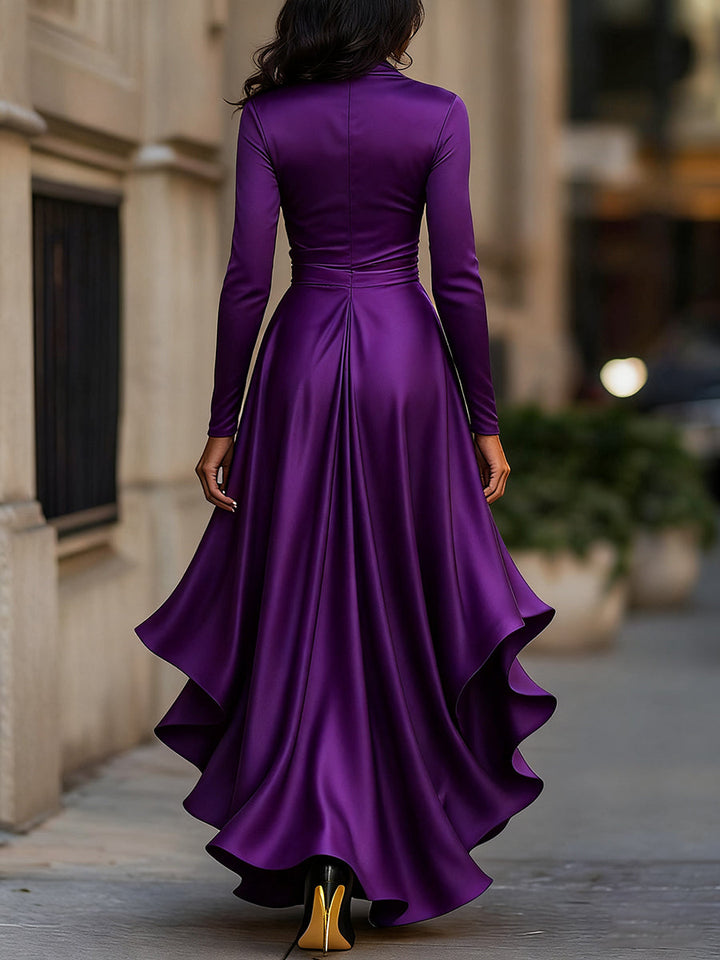 Women’s Satin Maxi Dress with V-Neckline and Ruffled Hem