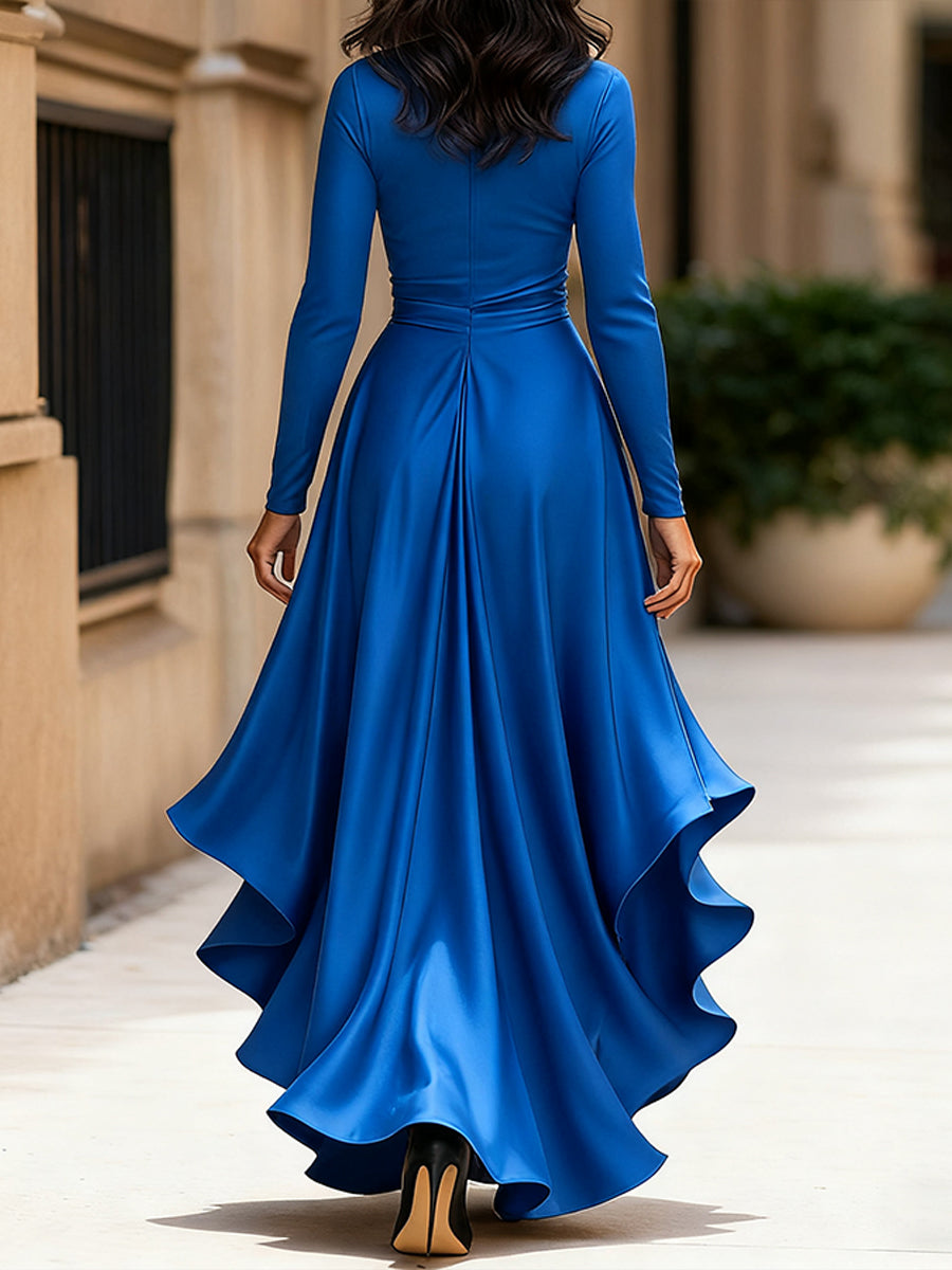 Women’s Satin Maxi Dress with V-Neckline and Ruffled Hem