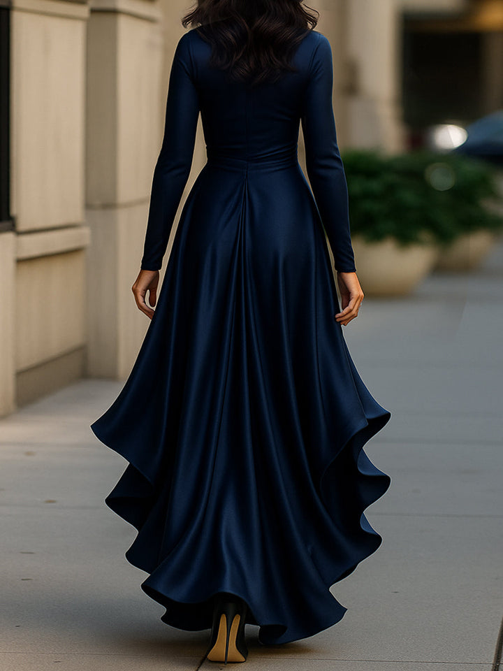 Women’s Satin Maxi Dress with V-Neckline and Ruffled Hem