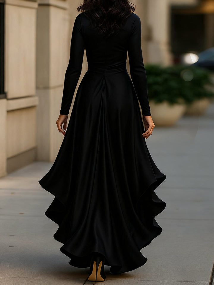 Women’s Satin Maxi Dress with V-Neckline and Ruffled Hem
