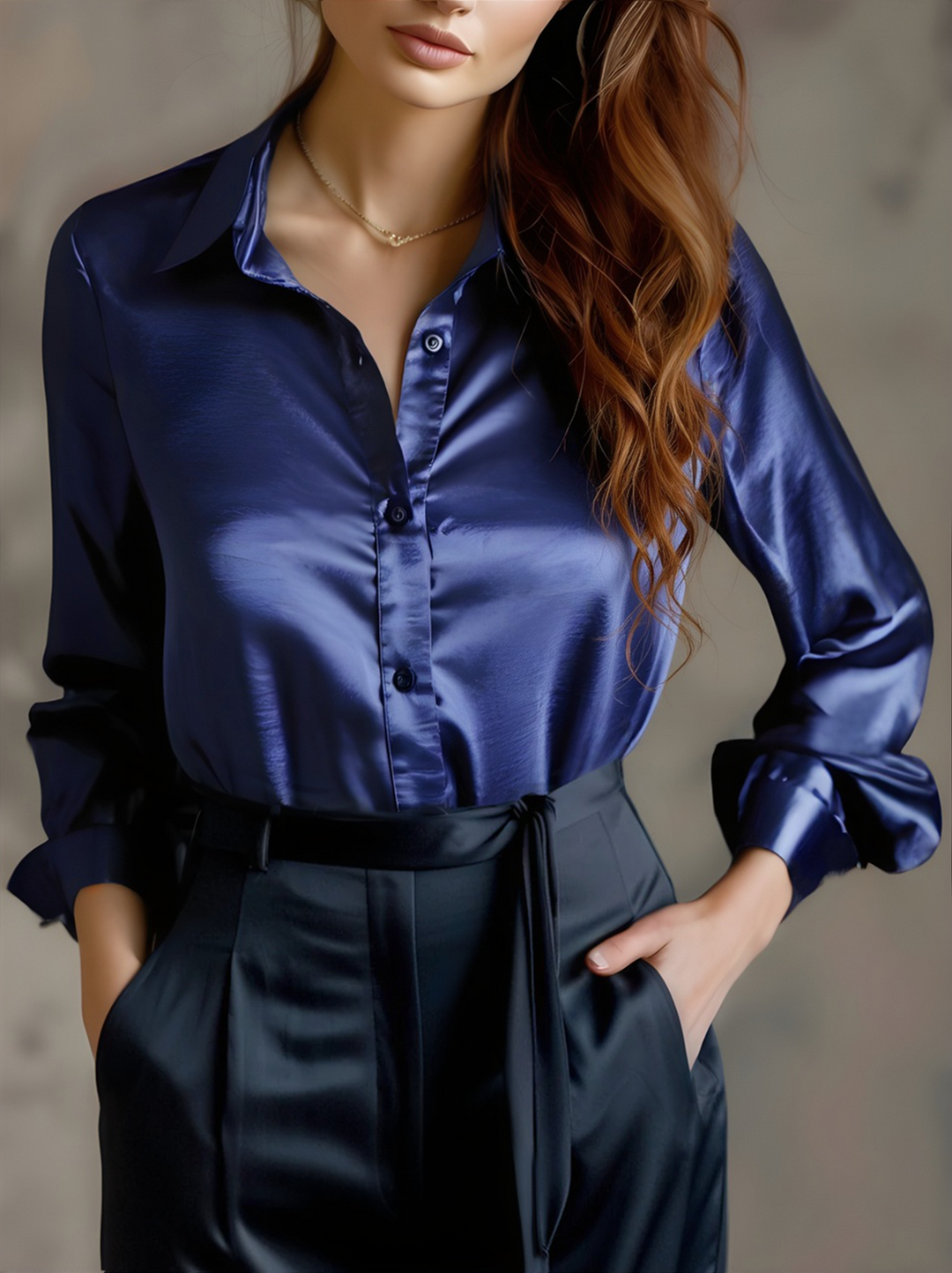 Women’s Satin Shirt with Lapel Collar and Long Sleeves