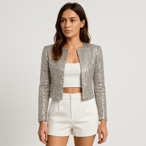 Women’s Sequin Evening Jacket with Open Cut and Silver Finish